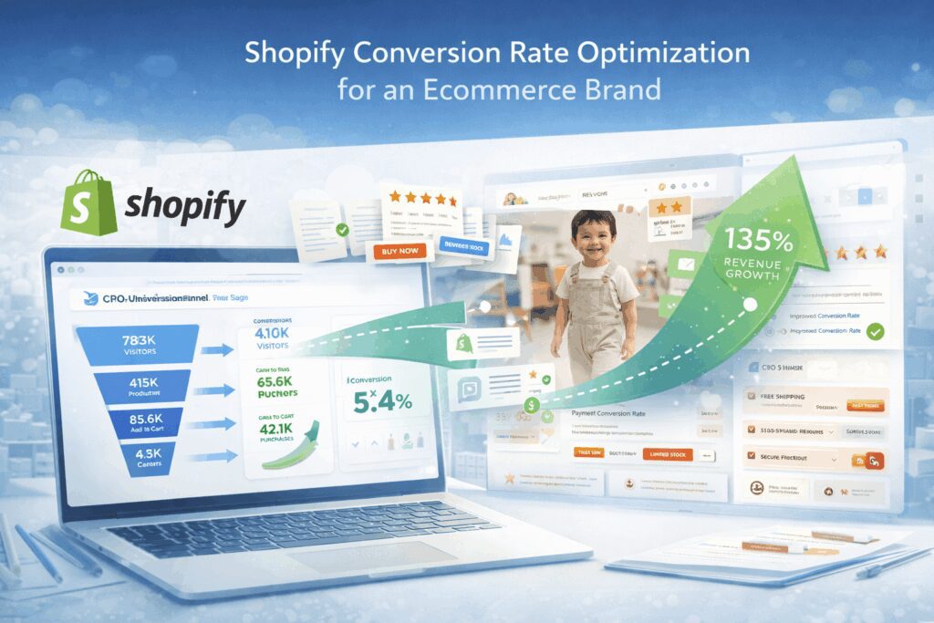 Shopify conversion rate optimization dashboard showing CRO funnel improvements and ecommerce revenue growth